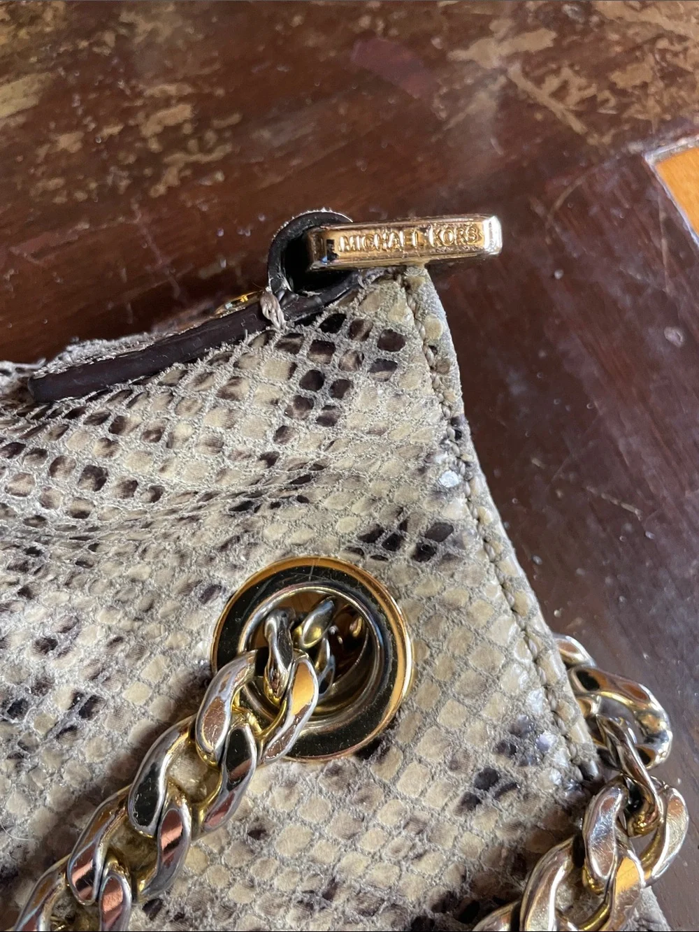 Michael Kors Snake-Print Shoulder Tote in Taupe and Black with Gold Hardware